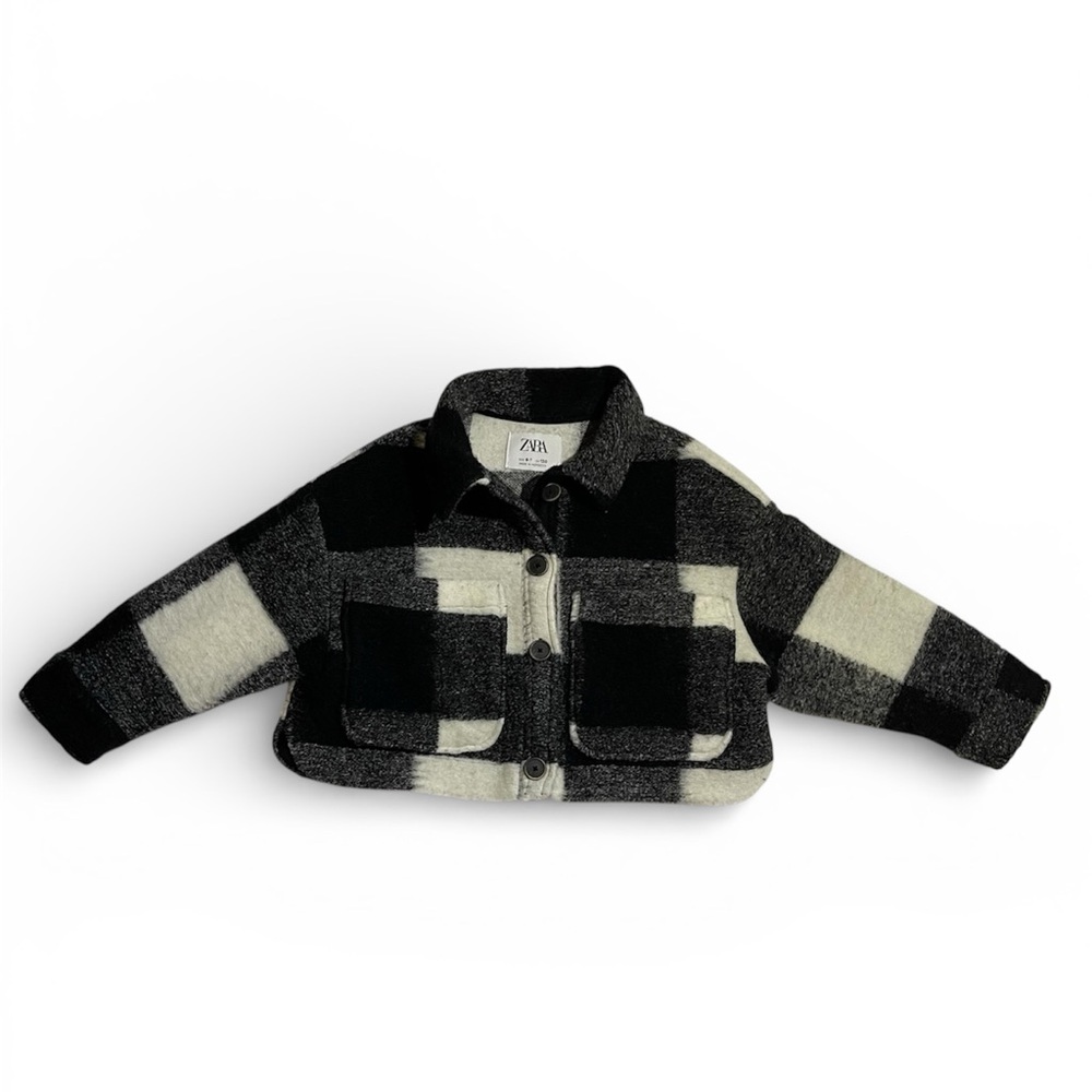 Zara Kids Girls Shacket Jacket Size 6-7 Black and White Plaid Cropped Button Up